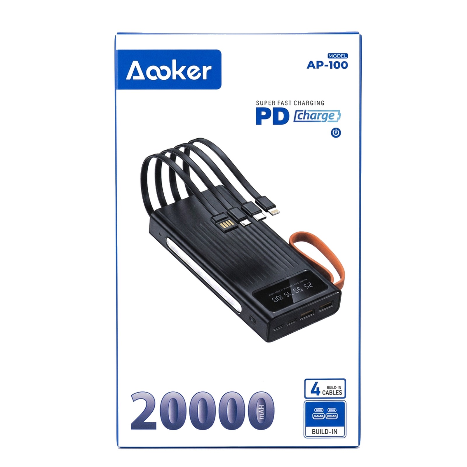 Aooker AP-100 20,000mAh Power Bank — PD Fast Charge, 4 Built-in Cables