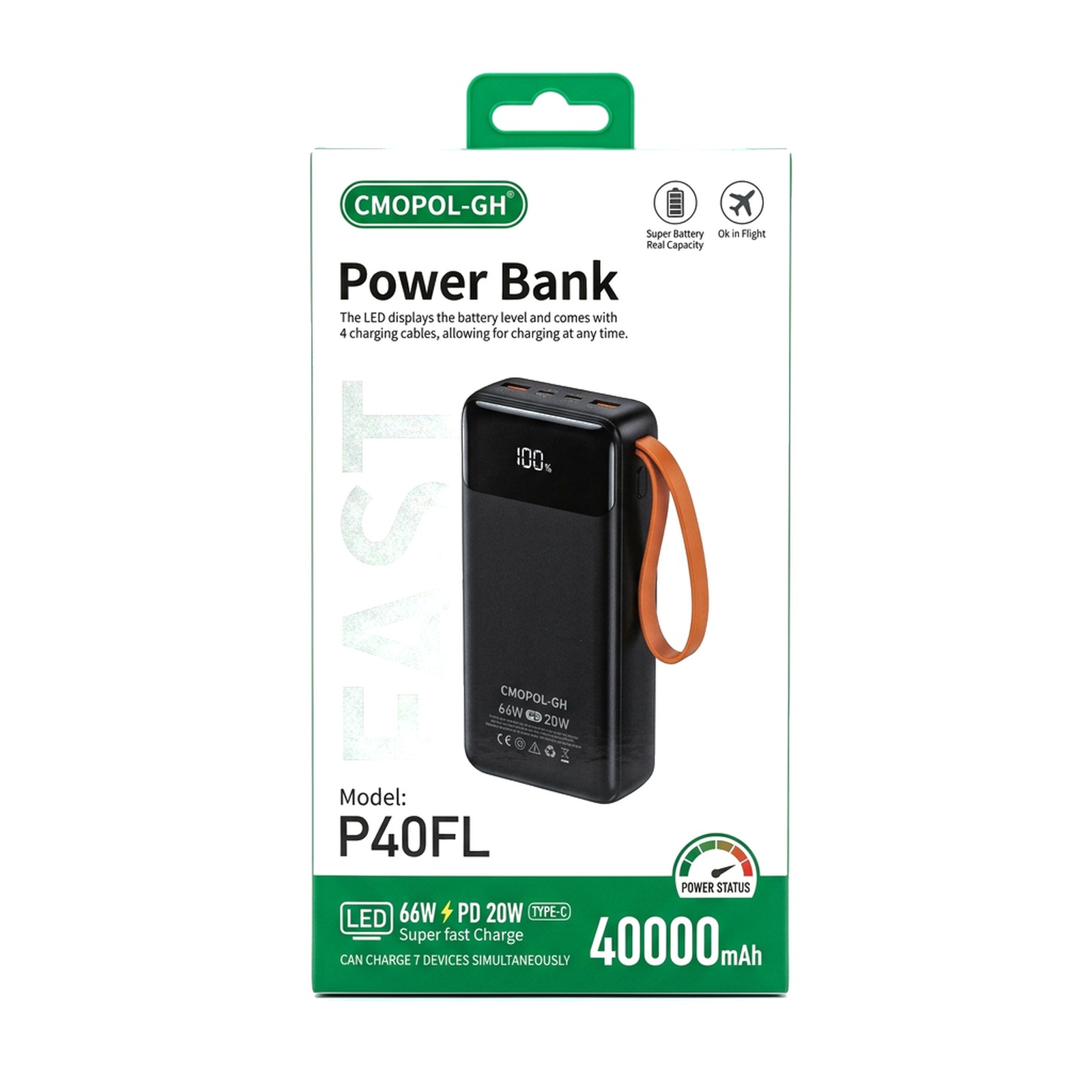 Cmopol-GH P40FL 40,000mAh Power Bank — 66W Super Fast Charge, 4 Cables