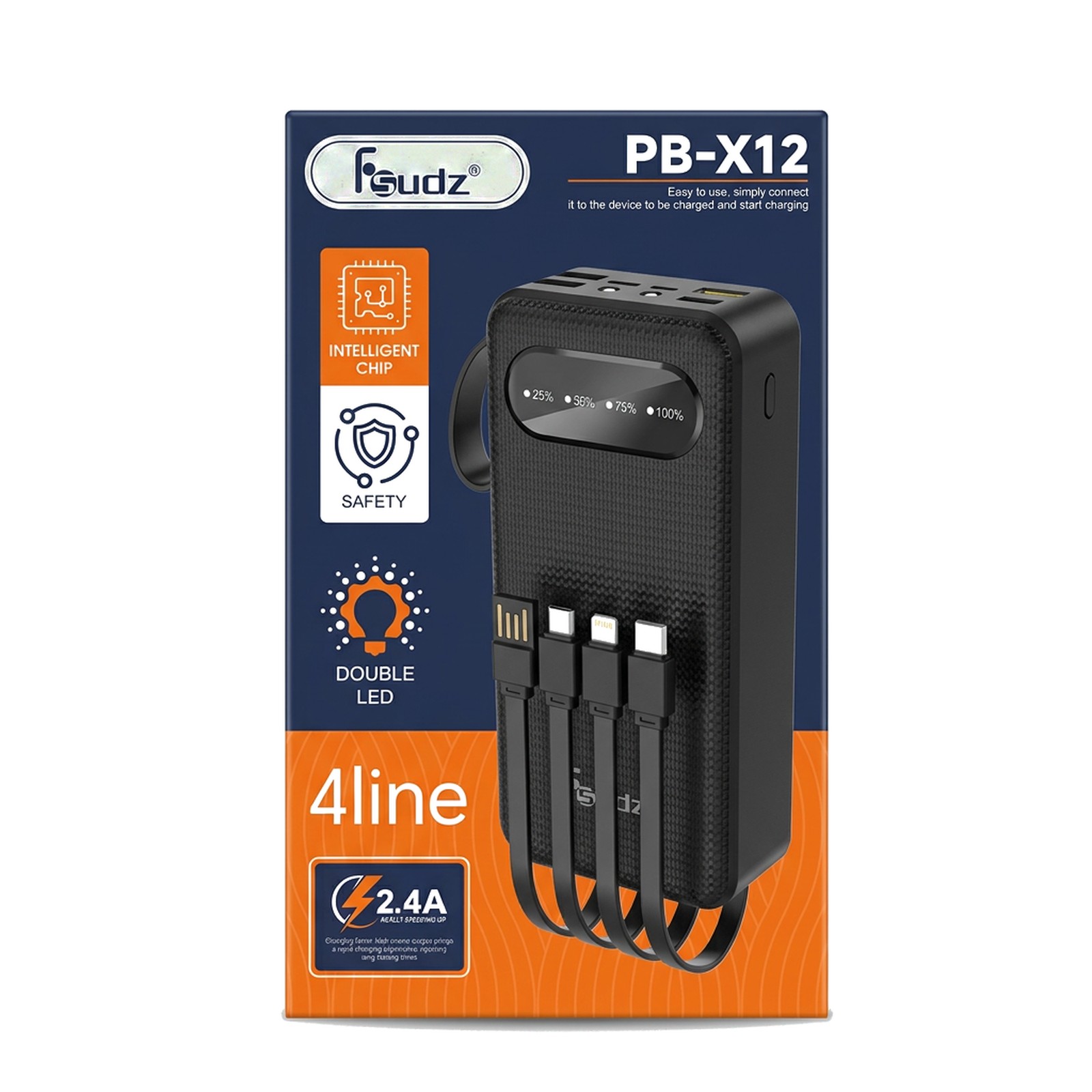 Fsudz PB-X12 20,000mAh Power Bank — 4 Built-in Cables, 2.4A