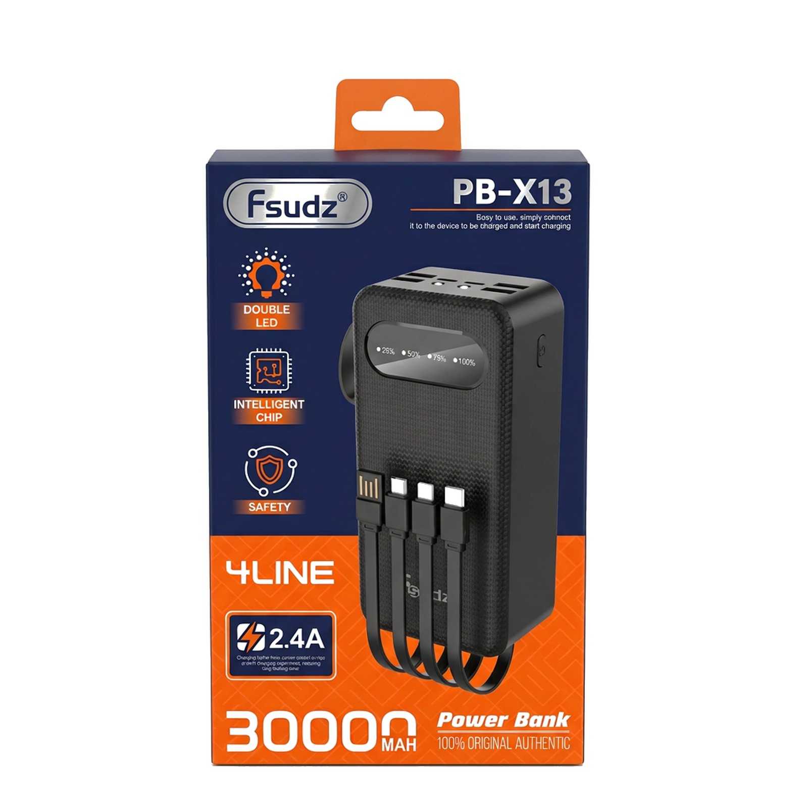 Fsudz PB-X13 30,000mAh Power Bank — 4 Built-in Cables, 2.4A