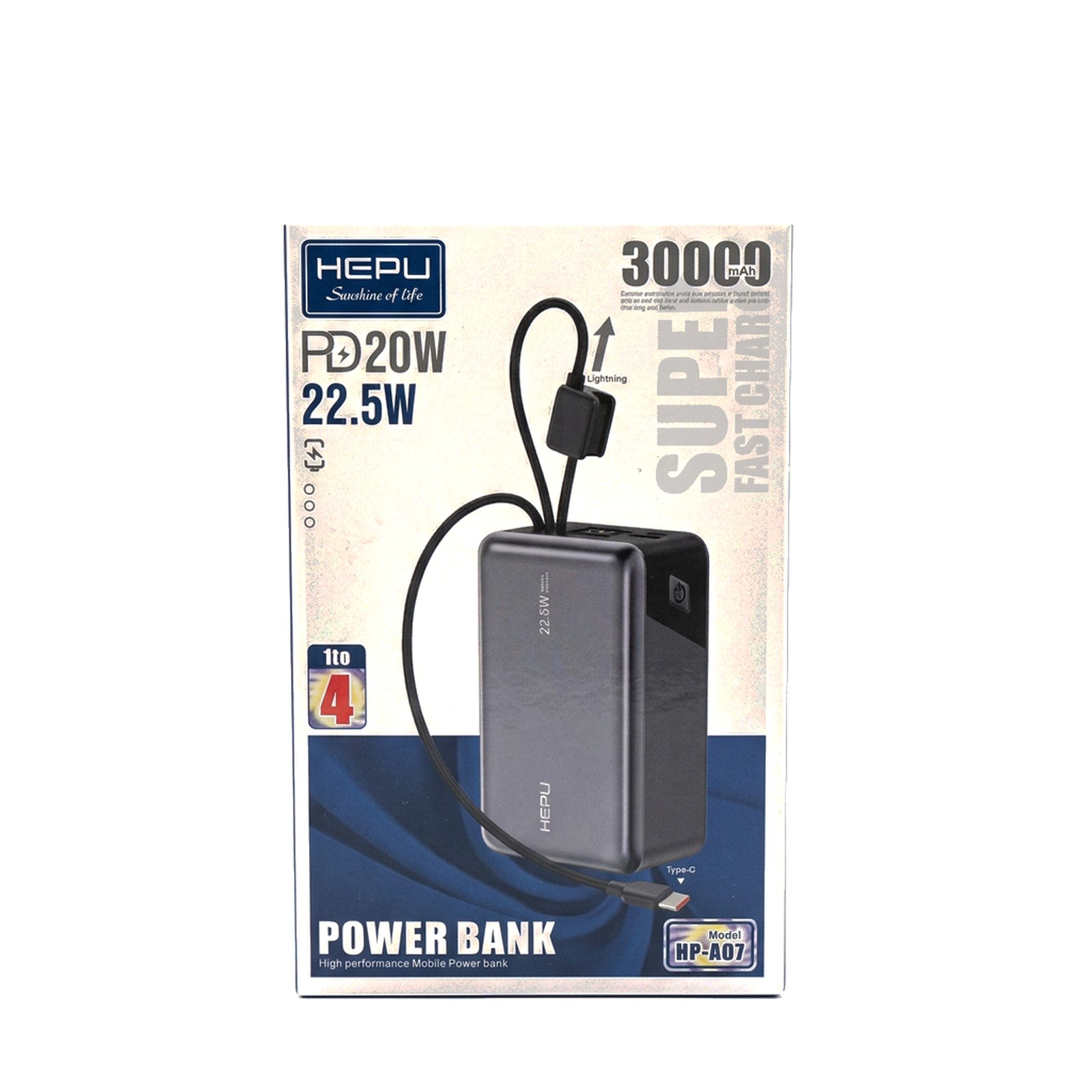 HEPU HP-A07 30,000mAh Power Bank — PD 20W / 22.5W, 1-to-4 Cables