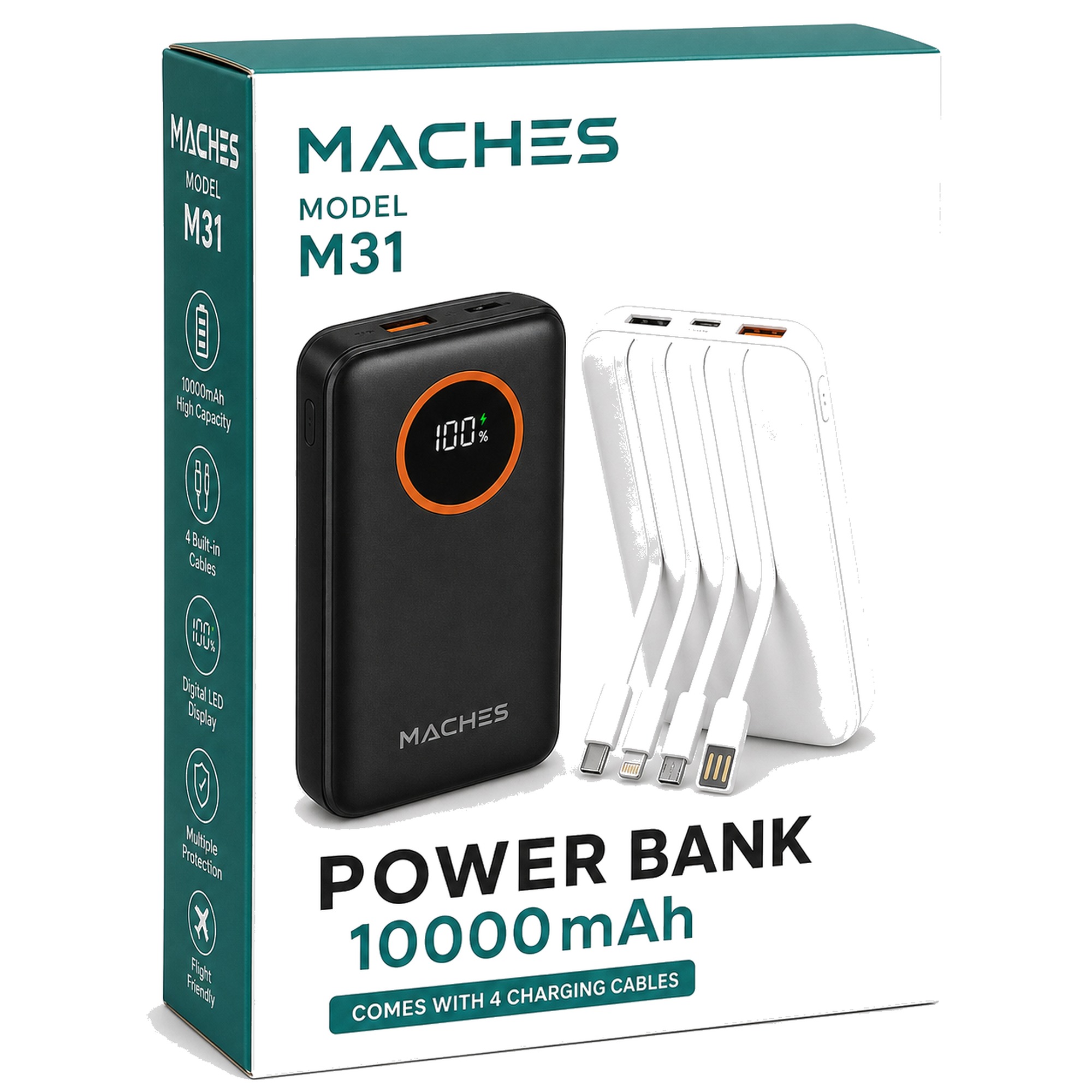 MACHES M31 10,000mAh Power Bank — 4 Built-in Cables