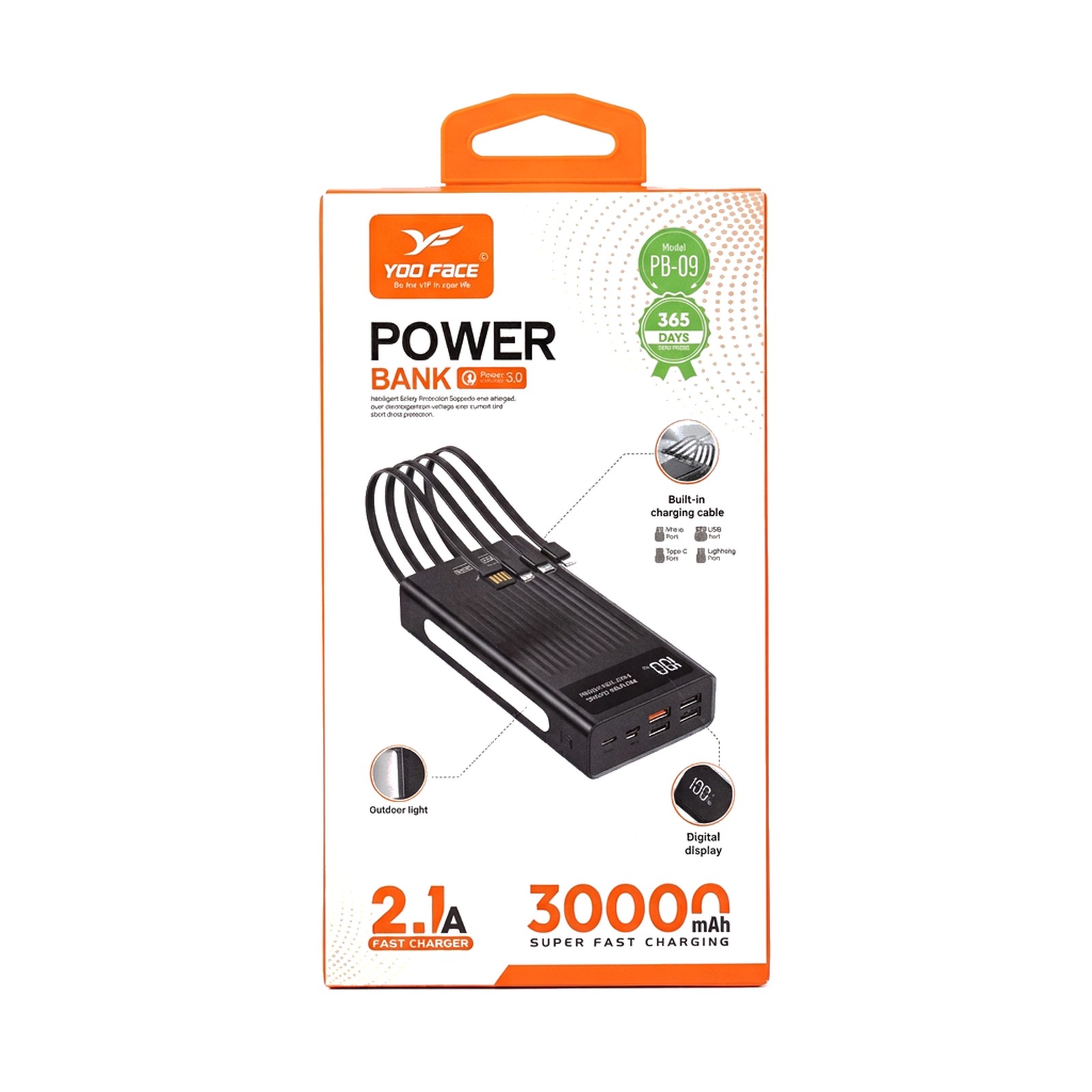 Yoo Face PB-09 30,000mAh Power Bank — 4 Built-in Cables, Digital Display